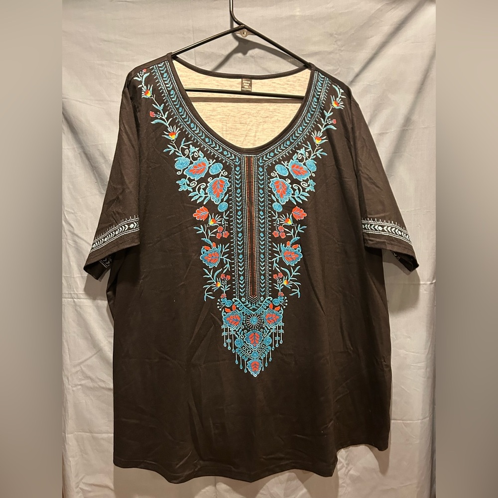 Black T-shirt with Blue and Red Embroidery like print